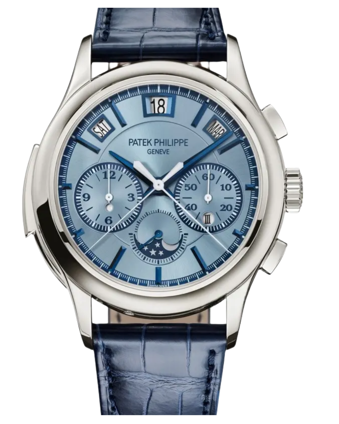 Patek Phillipe Sunburst Moon chronograph watch with blue dial and leather strap