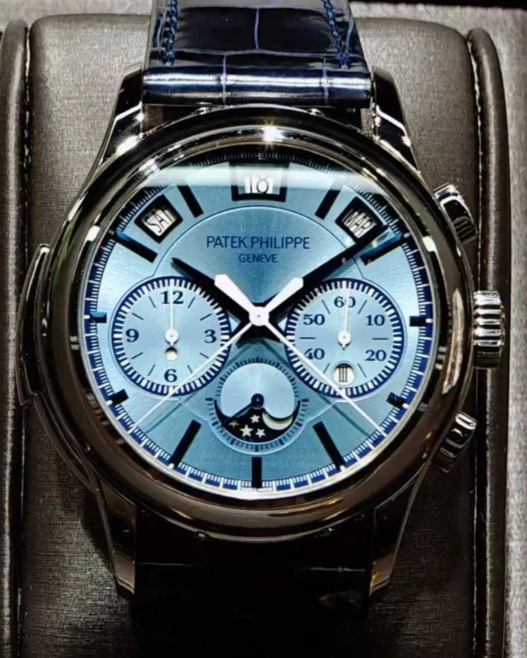 Patek Phillipe Sunburst Moon Chronograph 5308G-001 Super Watch Mod Blue