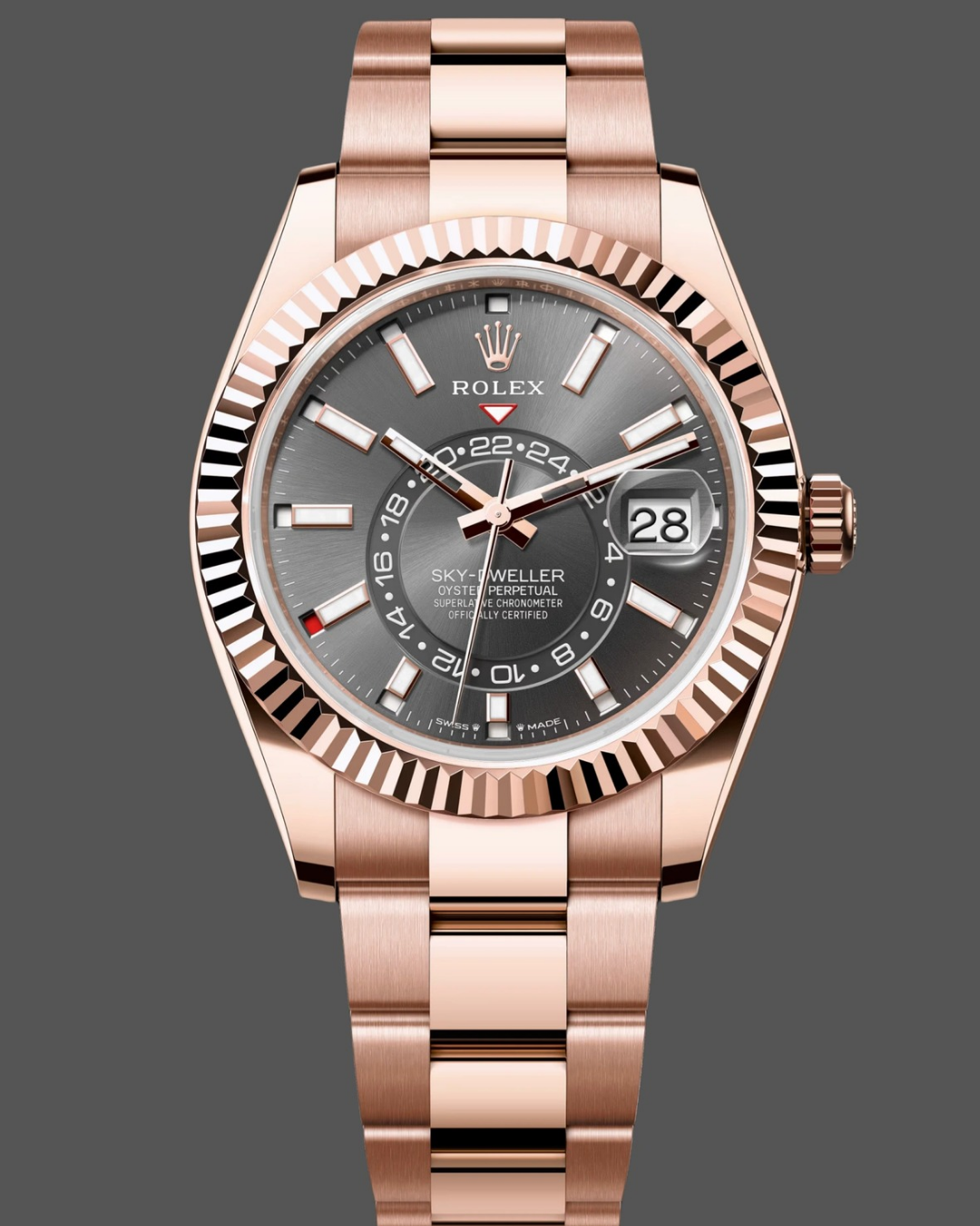 Rolex Sky-Dweller 42mm Everose gold watch with slate grey dial and annual calendar functions