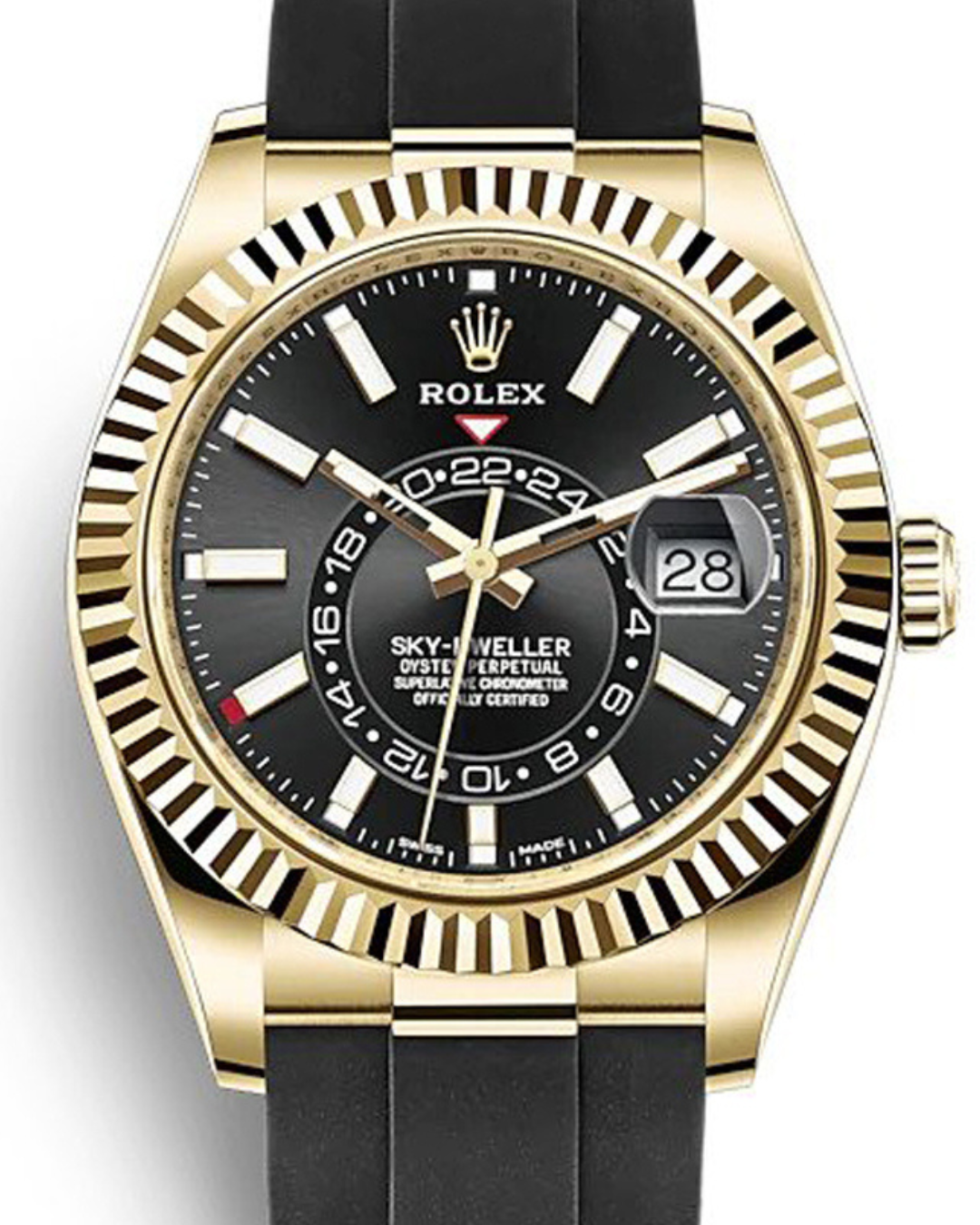 Sky Dweller Watch Mod Black-Gold Crown Edition with black dial and 18k yellow gold bezel on black silicone bracelet
