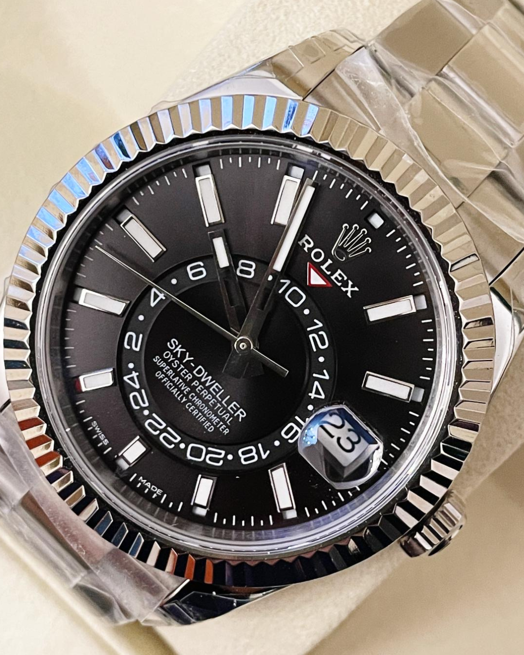 Close-up of Sky Dweller Watch with black dial and stainless steel Oyster bracelet