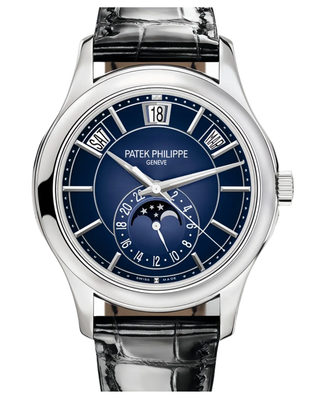 Patek Phillipe Moonphase luxury watch with blue sunburst dial and white gold case
