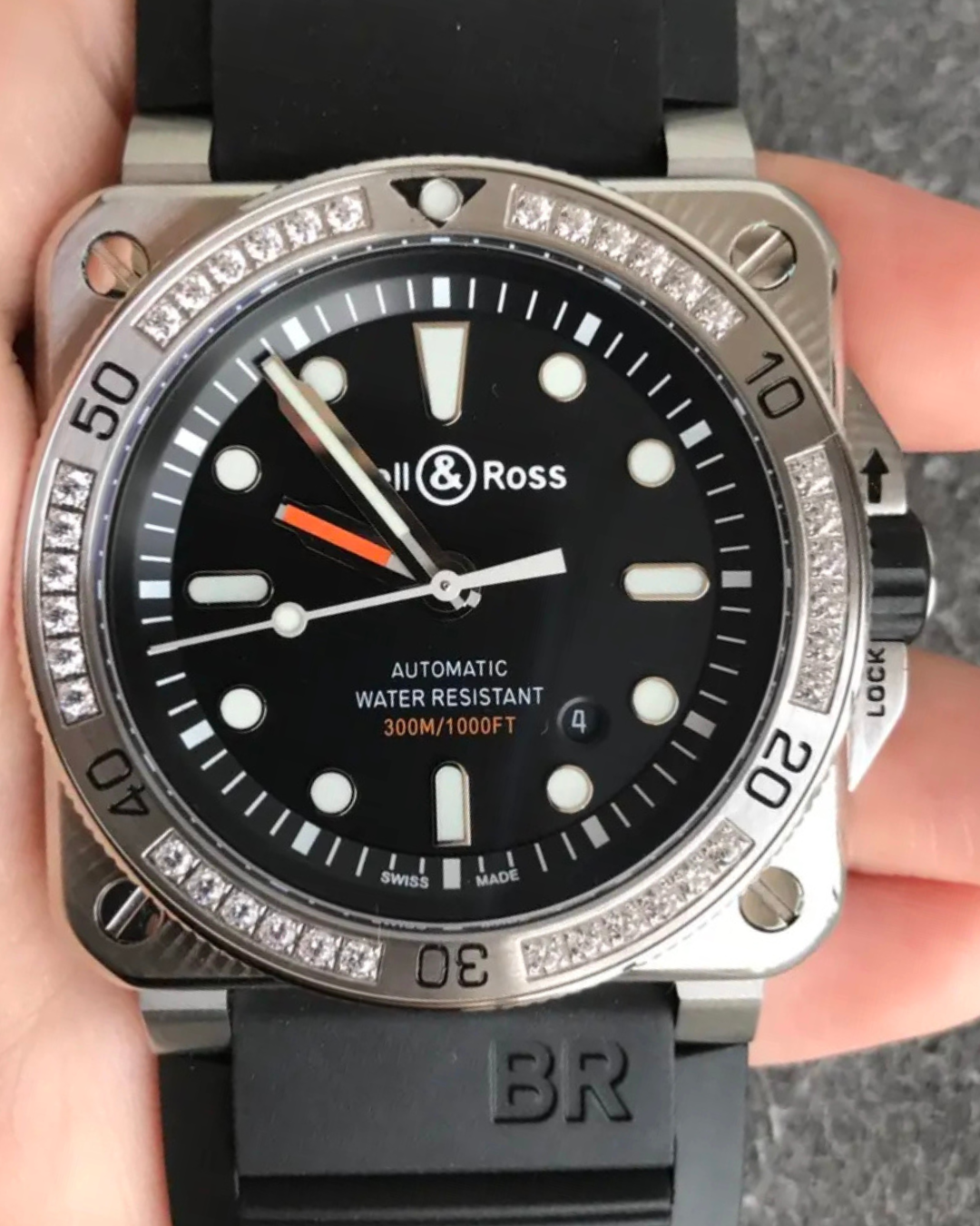 Bell & Ross BR 03-92 Superclone aviation watch with black dial, square stainless steel case, luminous markers, and integrated rubber strap