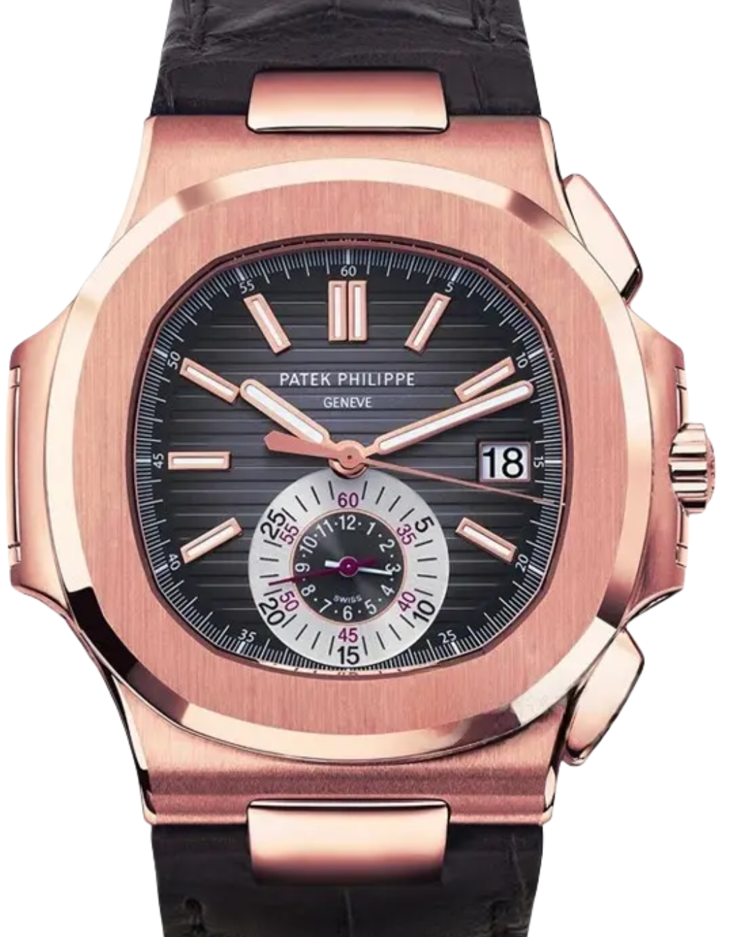 Patek Phillipe Nautilus rose gold watch with brown dial and leather strap