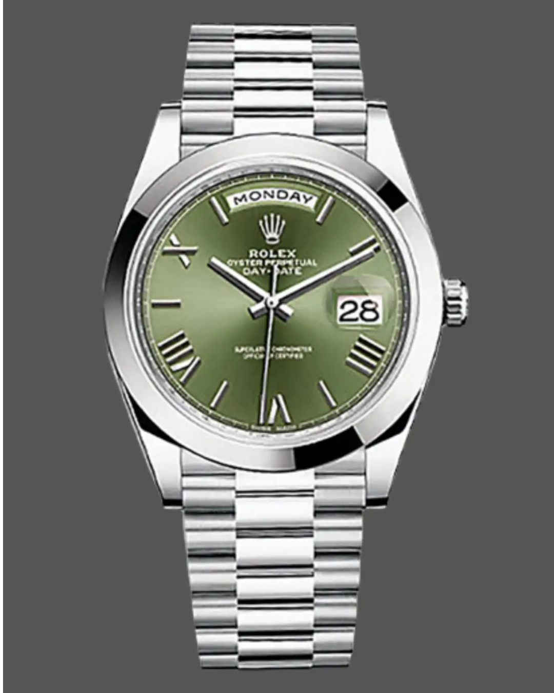 Rolex Day Date 228236 superclone watch with green sunburst dial and platinum-style case