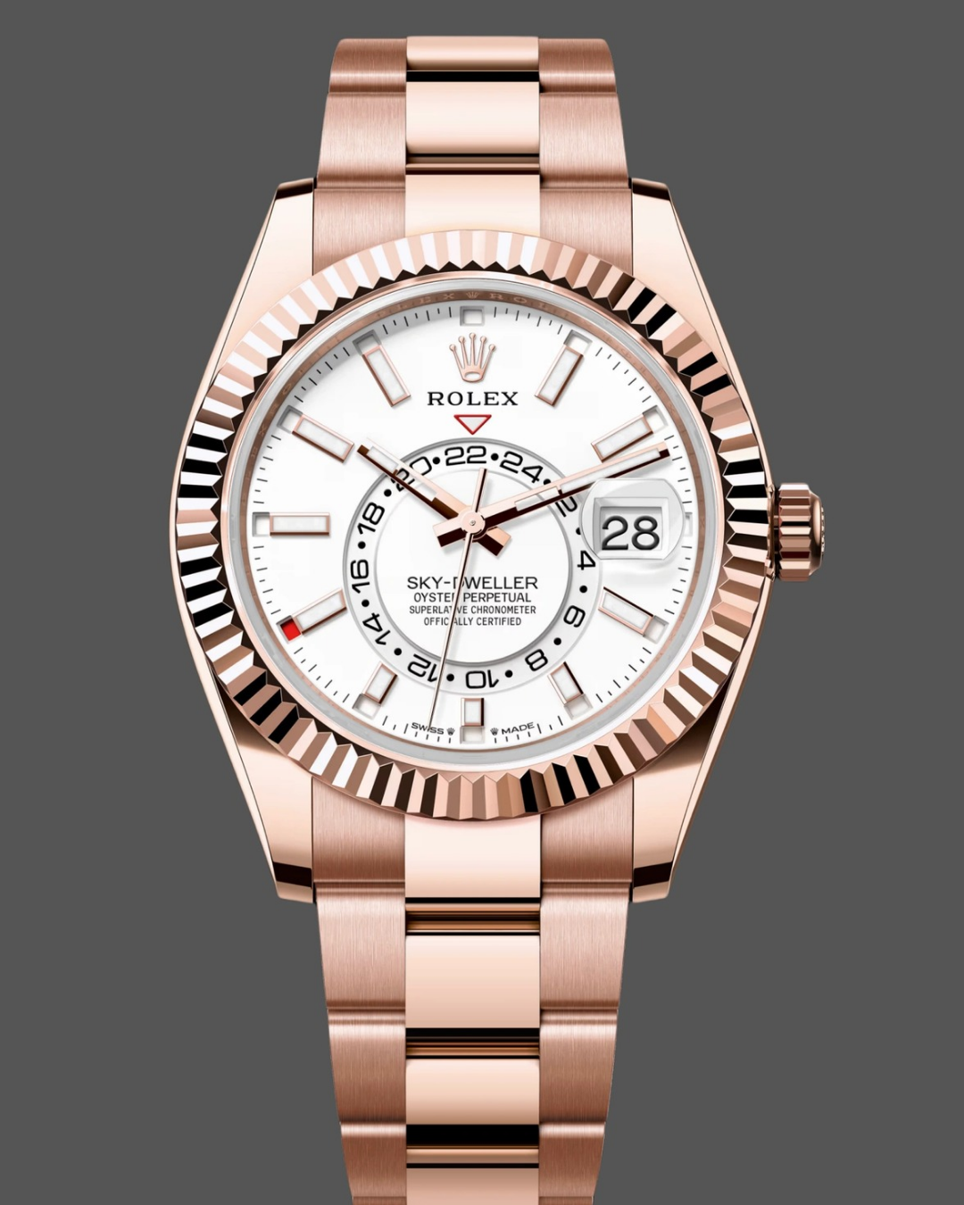 Rolex Sky-Dweller 42mm Everose gold watch with white dial and dual-time complications
