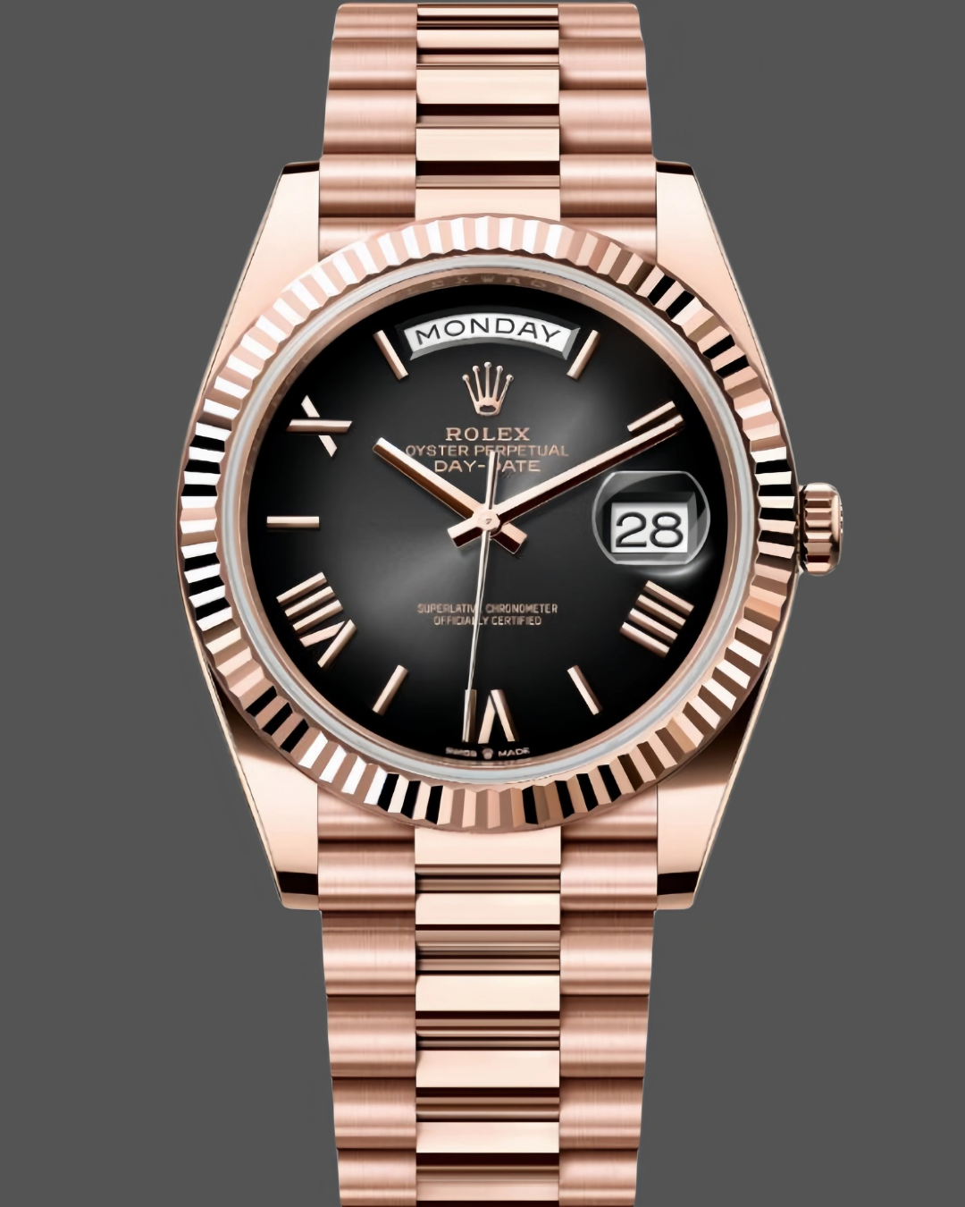 Rolex Day-Date 40 SuperClone watch in 18K Everose gold with black sunray dial and President bracelet