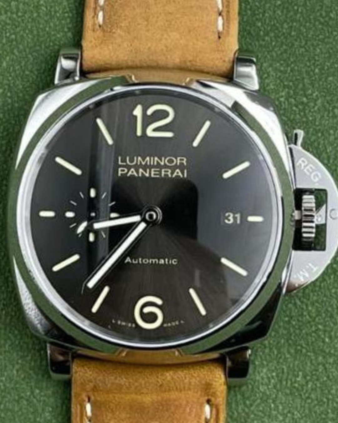 Panerai Luminor Due wristwatch with black dial, stainless steel case, and brown calfskin strap