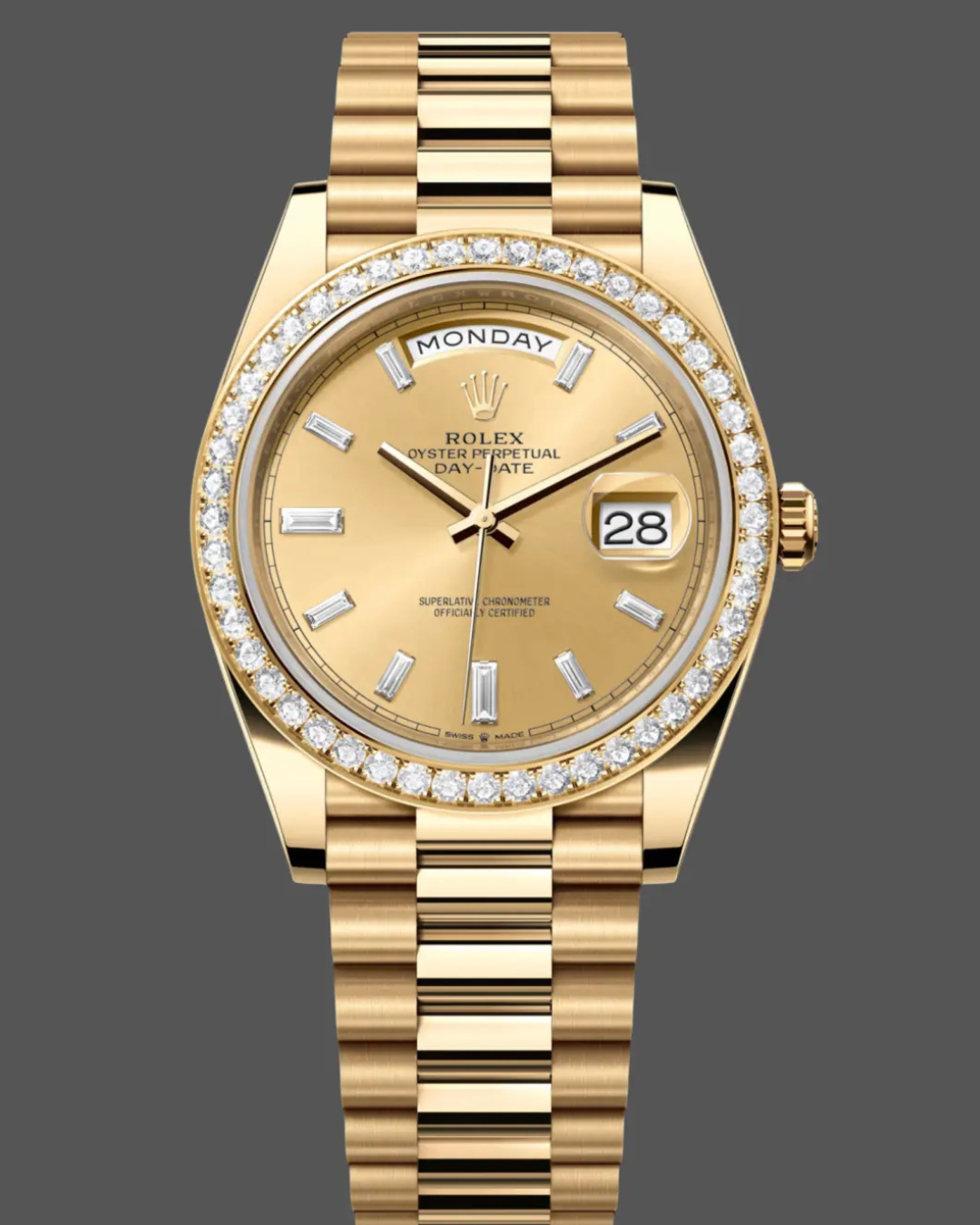 Rolex Day-Date luxury watch with champagne diamond dial and yellow gold President bracelet