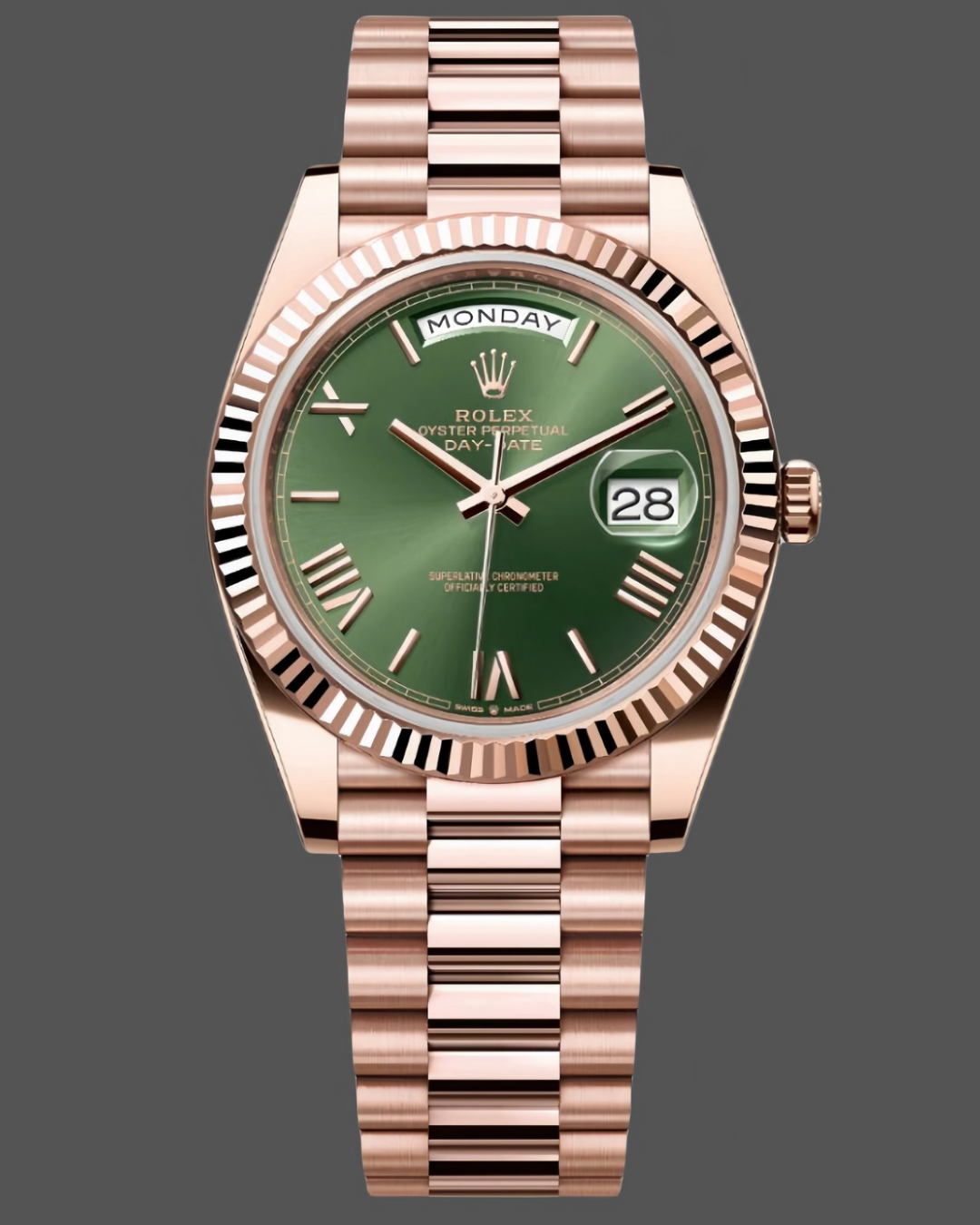 Rolex Day-Date SuperClone 18K Everose gold wristwatch with olive green dial and President bracelet