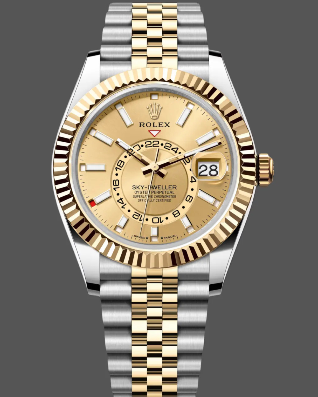 Rolex Sky-Dweller superclone with champagne dial, Oystersteel and 18ct yellow gold Rolesor case, fluted bezel, and annual calendar function