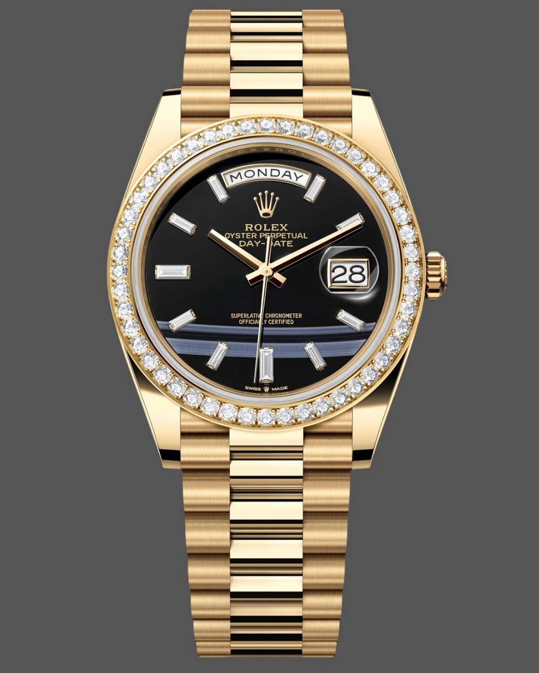 Rolex Day-Date 228348RBR superclone watch with black diamond dial, 18k yellow gold case, fluted bezel, and President bracelet.