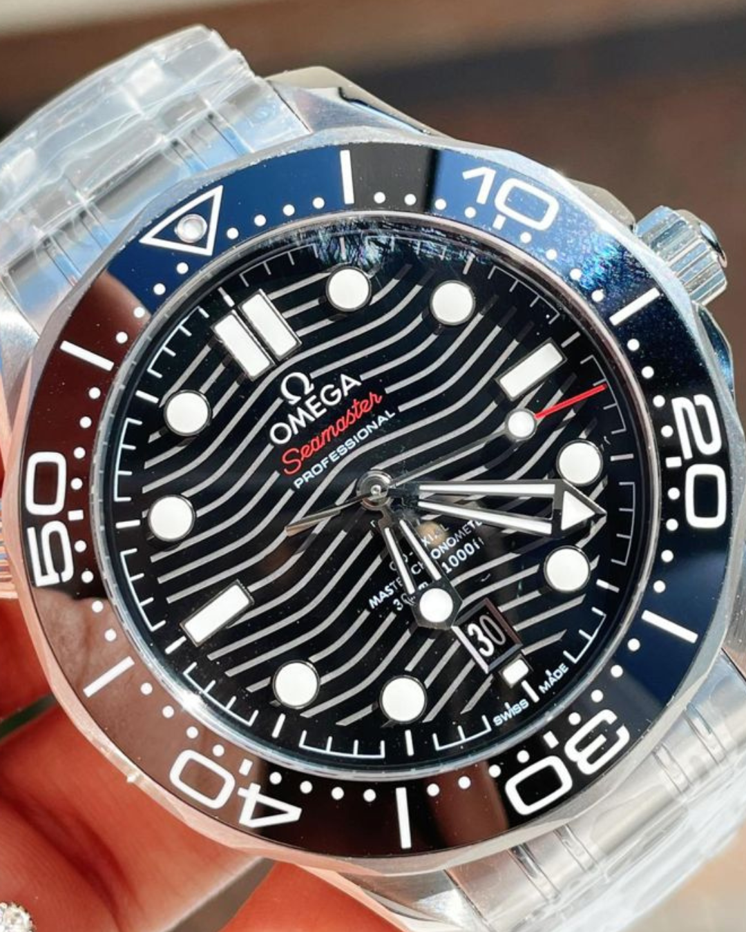 Omega Seamaster 300M Diver Super Watch Mod Black 8800 with black dial and wave pattern