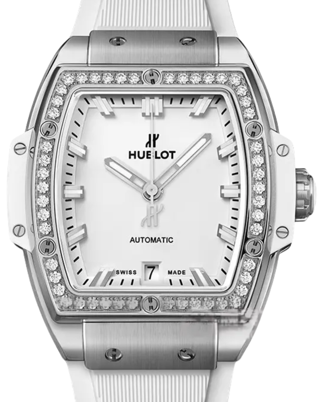 Hublot Spirit Of Big Bang white diamond watch with titanium case and white rubber strap