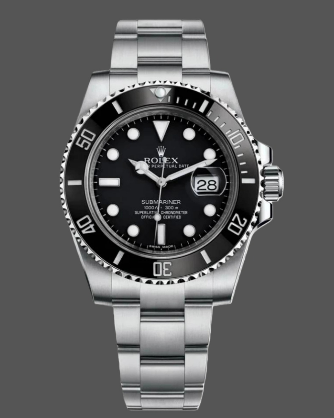 Rolex Submariner black dial stainless steel watch with ceramic bezel and date magnifier