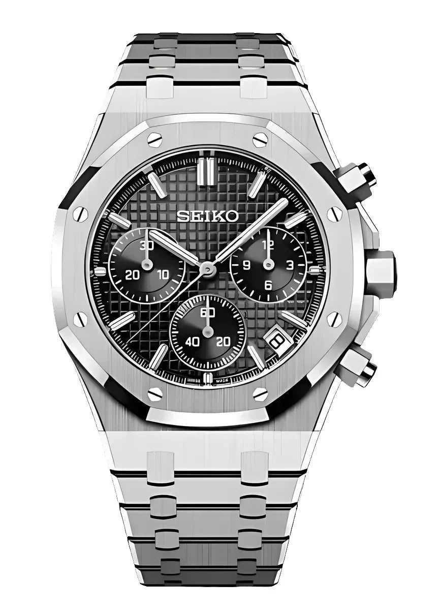 Seiko Royal Oak Watch Mod Chrono Black Edition with stainless steel bracelet and black chronograph dial