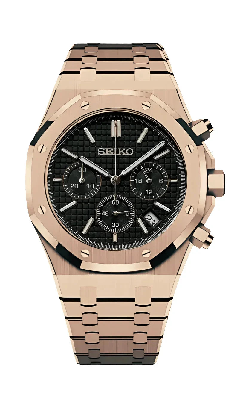 Seiko Royal Oak Watch Mod Chrono in rose gold with black dial and chronograph features