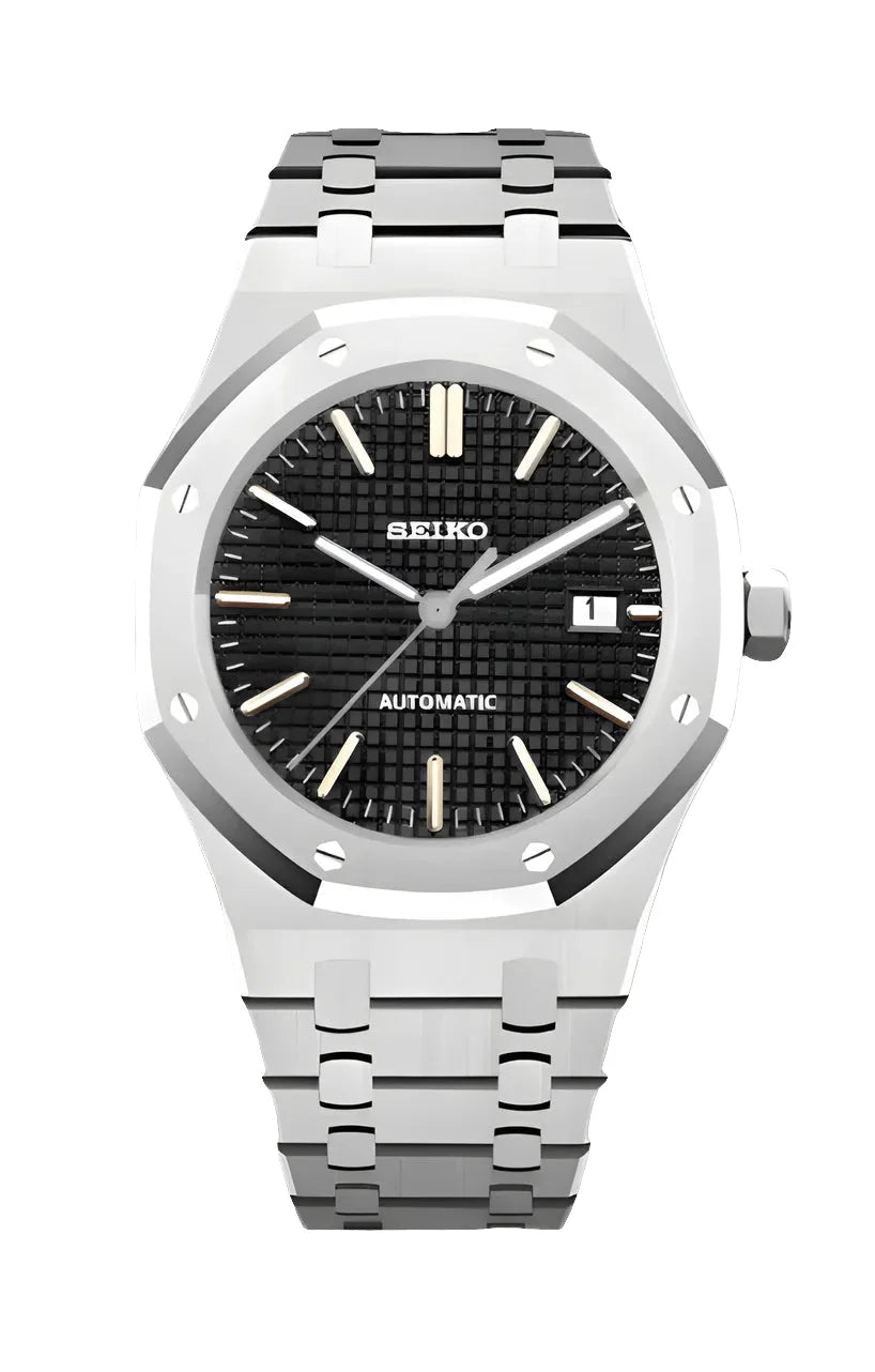 Seiko Royal Oak Watch Mod Classic Black Edition with 41mm stainless steel case and automatic movement