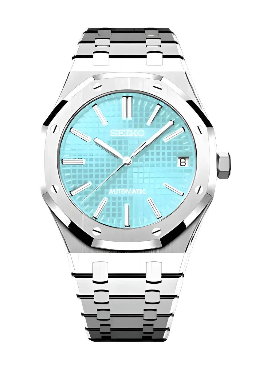 Royal Oak Watch Mod with Tiffany blue dial, stainless steel case and bracelet, Seiko NH35 automatic movement, sapphire crystal, and date display