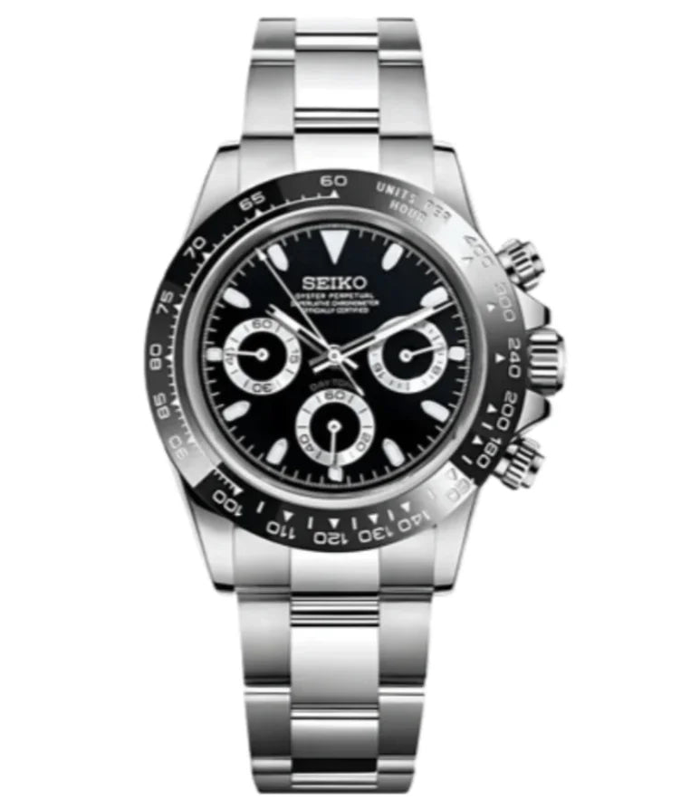 Seiko Mod Daytona Black Panda Watch Wristwatch