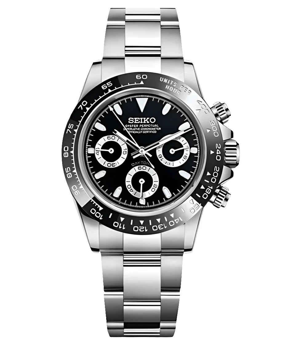 Seiko Mod Daytona Black Panda Watch Wristwatch