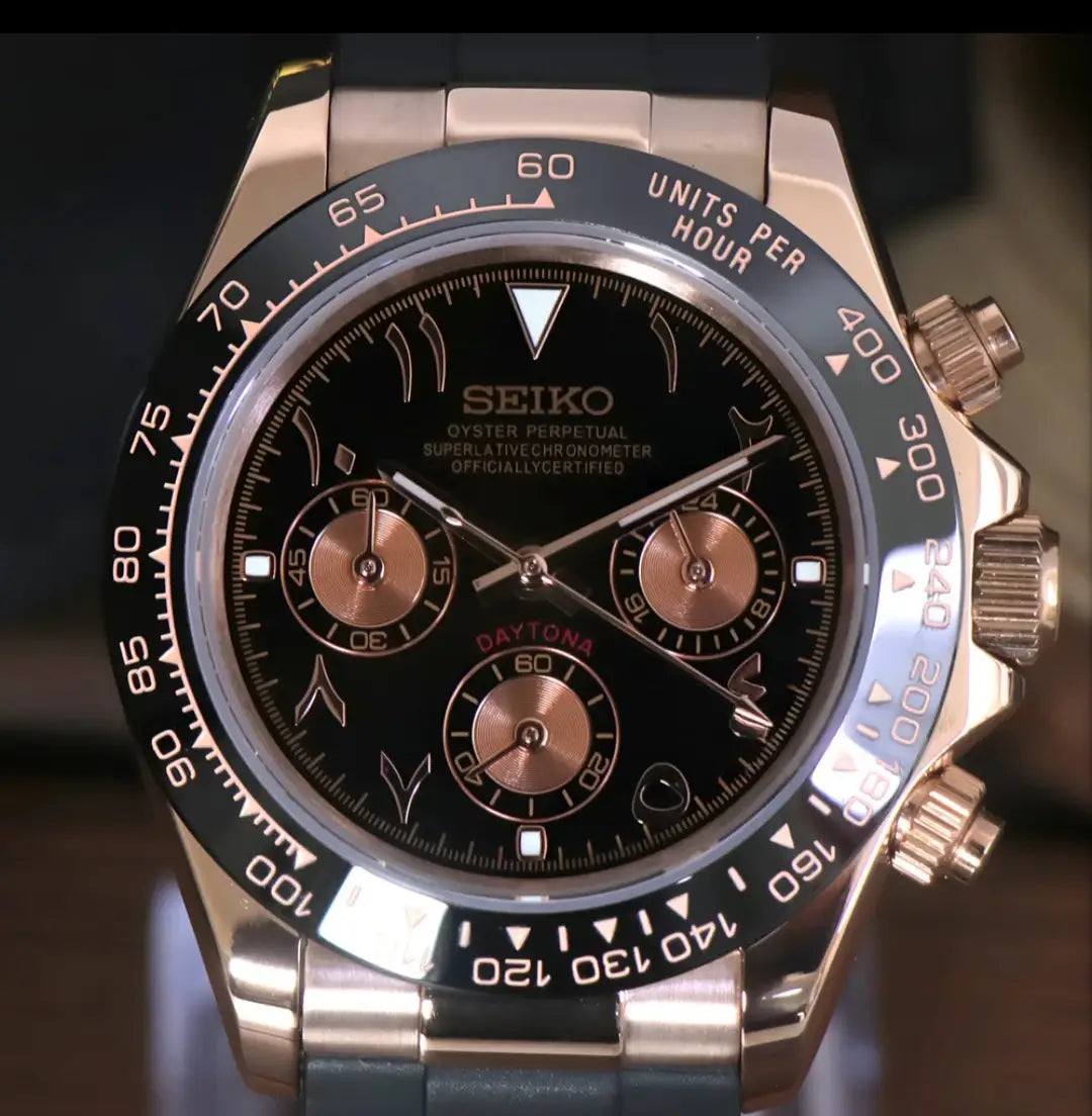 SEIKO MOD DAYTONA BLACK & ROSE GOLD ARABIC WATCH - Wristwatch