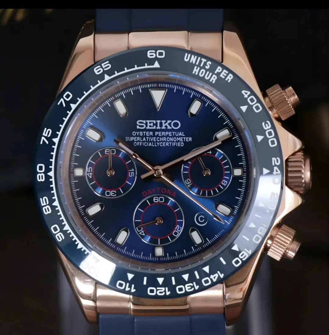 SEIKO MOD DAYTONA BLUE & ROSE GOLD WATCH - Wristwatch