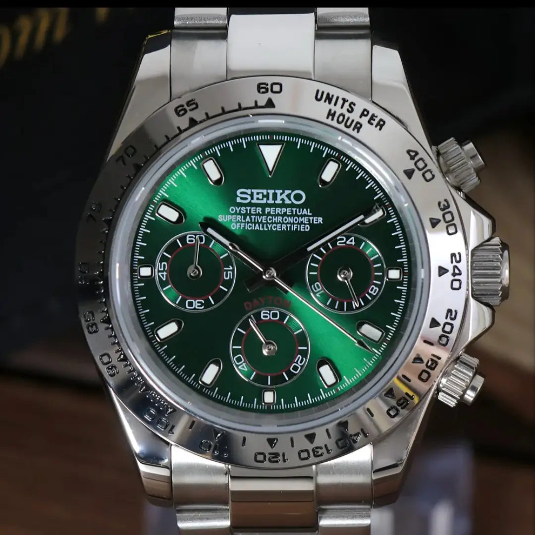 SEIKO MOD DAYTONA SILVER GREEN WATCH - Wristwatch