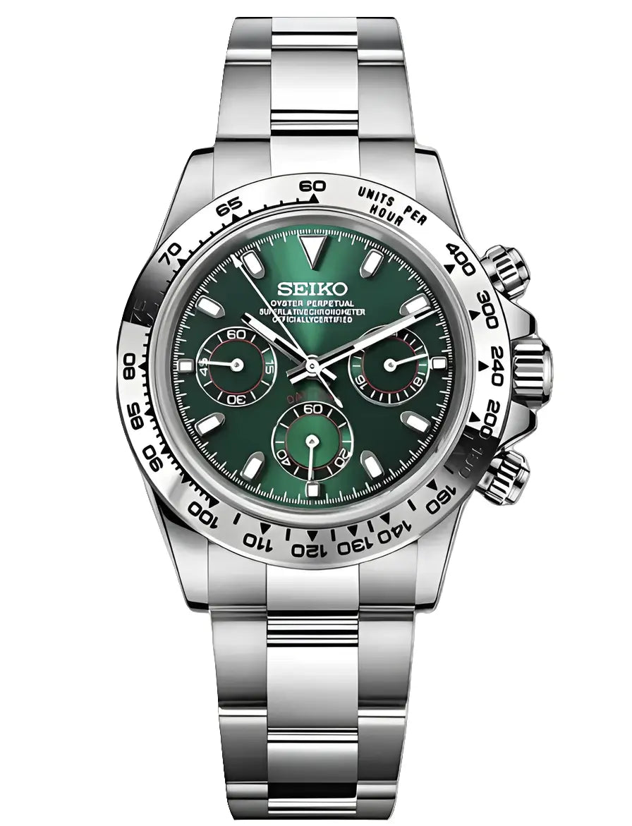 SEIKO MOD DAYTONA SILVER GREEN WATCH - Wristwatch