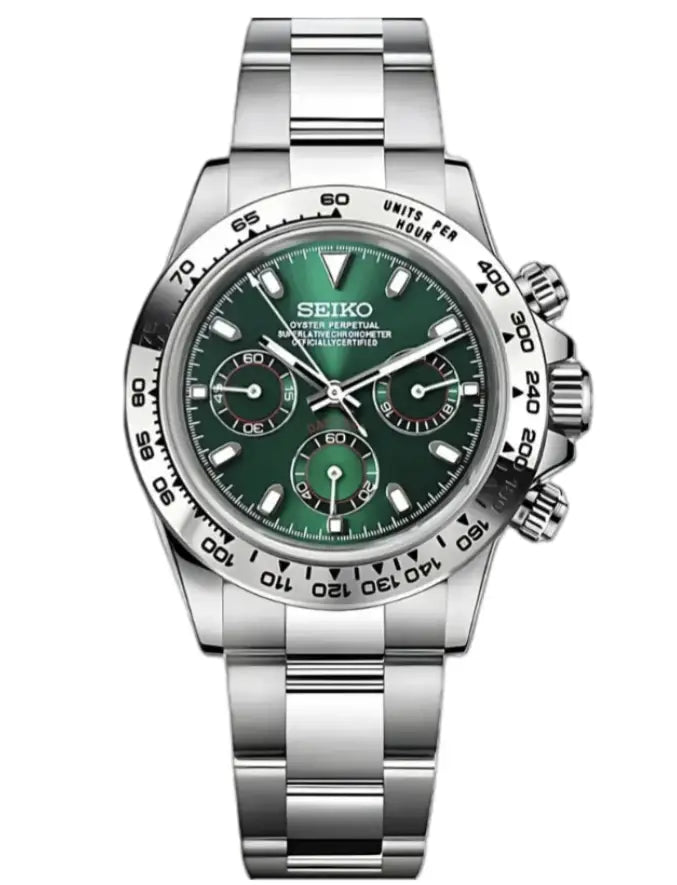 SEIKO MOD DAYTONA SILVER GREEN WATCH - Wristwatch