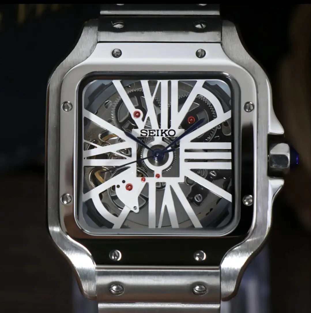 SEIKO MOD SANTOS WHITE SKELETON WATCH - Wristwatch