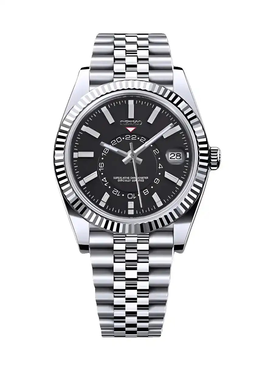 Silver wristwatch with black dial.