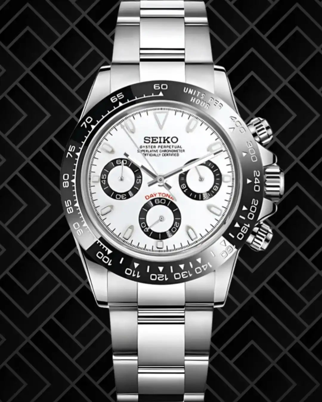Stainless steel chronograph watch with a white dial and black bezel.